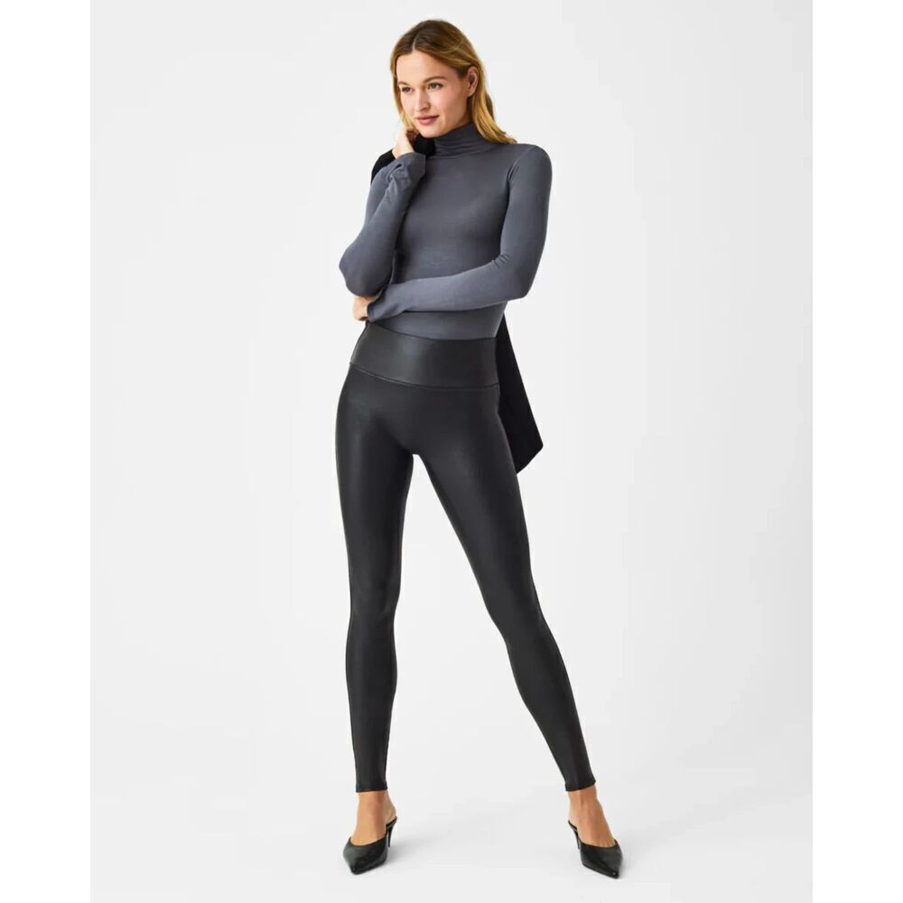 SPANX Women's Black Faux Leather Skinny Leggings Pull On Pants Size Large